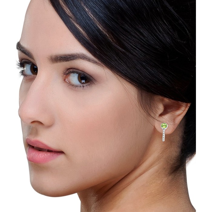Green 9ct White Gold Peridot and Diamond Hoop Earrings 